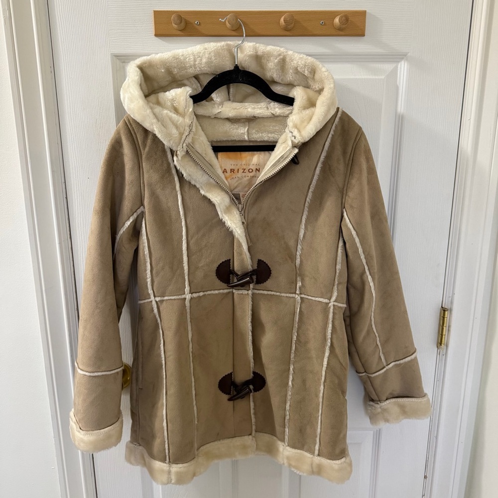 Arizona Jean Company Vintage Tan Hooded Faux Fur Toggle Jacket Extra Large